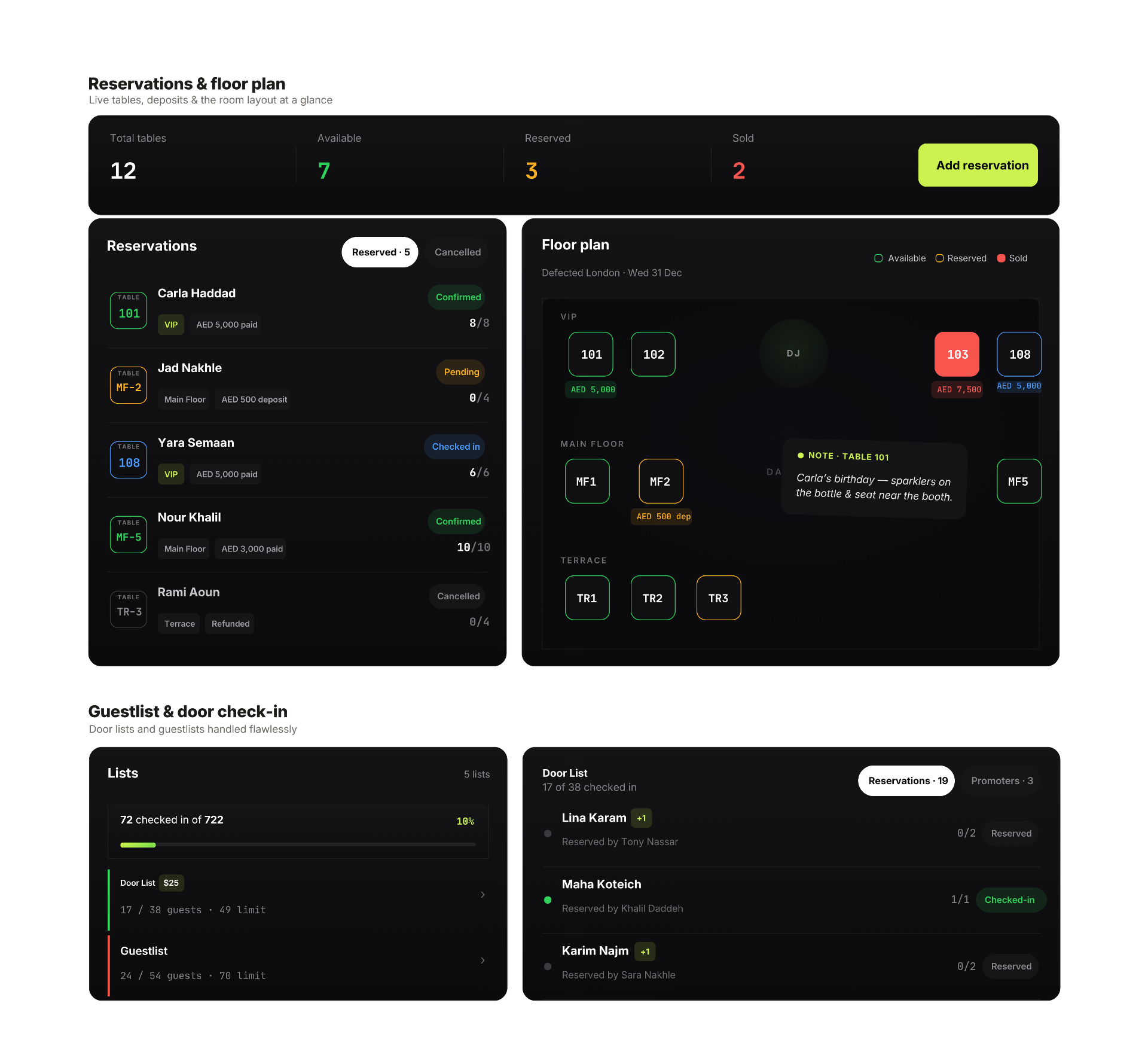 Tick'it PRO reservations, floor plan and guestlist mockup